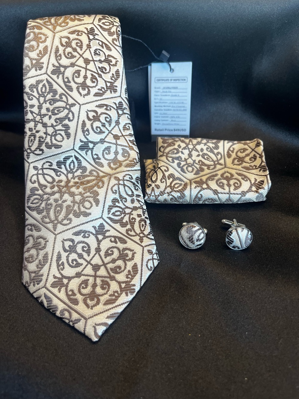 Men's Cream and Brown Patterned Tie Set with Pocket Square and Cufflinks